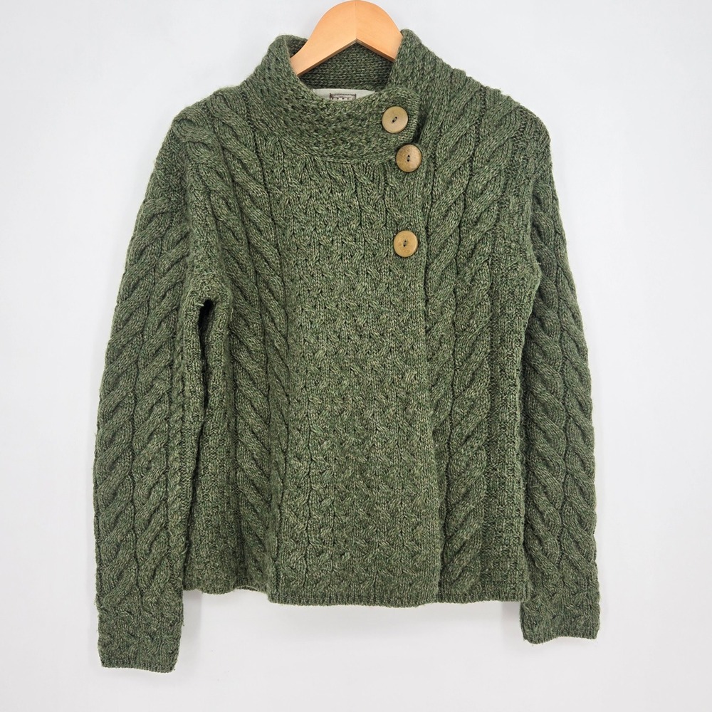 100% Merino Wool Aran Sweater Market Cable Knit Cardigan Womens S Green Cozy